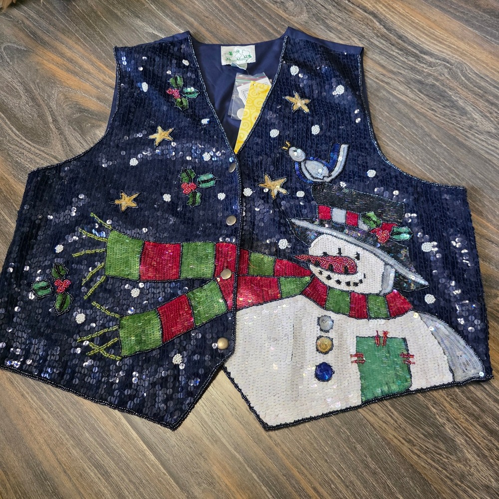 Quacker Factory Women 1X Navy Blue Sequin Snowman Holiday Vest Christmas Beaded